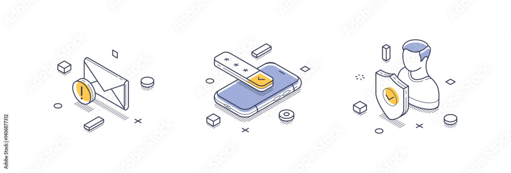 Poster isometric line icons representing key elements related to personal data management, including secure