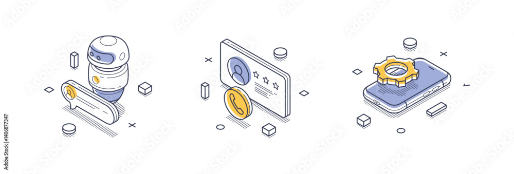 Poster isometric line icons represent various aspects of technical support. these icons illustrate a robot 