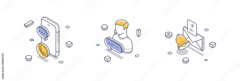 Poster isometric line icons illustrate aspects of technical support, including a phone with communication e