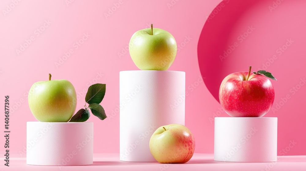 Poster clean and bold fruit display with apples on white cylinder stands and pink background