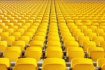 Fototapeta premium Rows of empty yellow stadium seats creating a repetitive pattern.