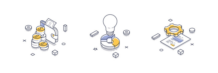 Isometric line icons related to business startup tasks, including financial elements, idea generation, and documentation processes.