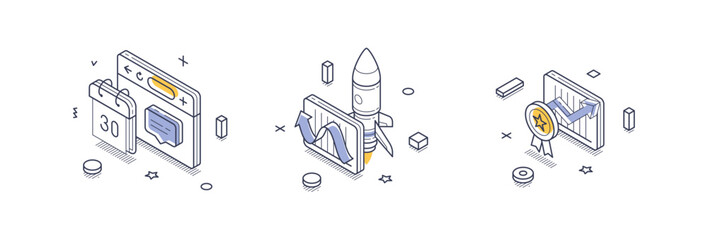 Isometric line icons illustrate key aspects of a business startup, including project timeline, launch, and success metrics. Each icon represents essential growth stages visually.