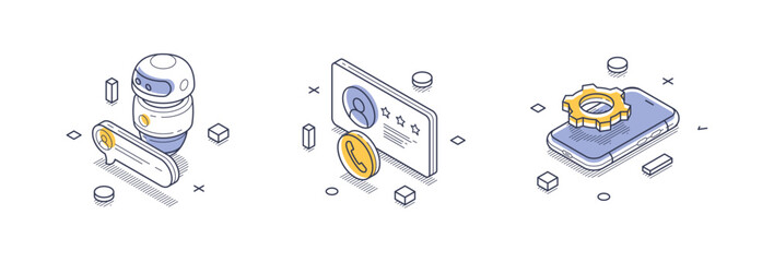 Isometric line icons represent various aspects of technical support. These icons illustrate a robot assistant, user authentication, and a smartphone with settings.