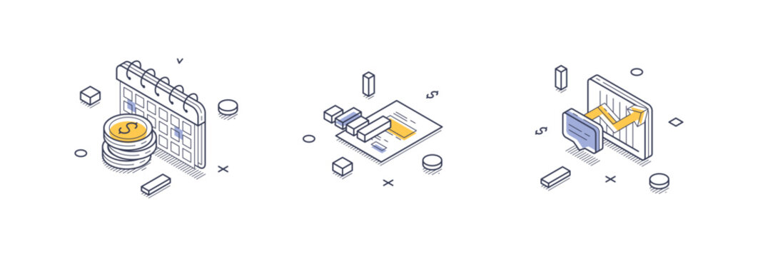 Isometric line icons illustrate key elements of financial reporting, including calendars, currency, and analytical charts. The modern design emphasizes clarity and informative layouts.