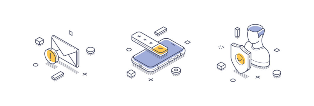 Isometric line icons representing key elements related to personal data management, including secure communication, mobile data verification, and identity confirmation.