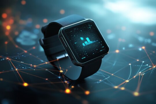 Smartwatch displaying health data on a digital interface with abstract connections in the background