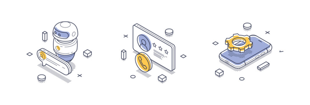 Isometric line icons represent various aspects of technical support. These icons illustrate a robot assistant, user authentication, and a smartphone with settings.