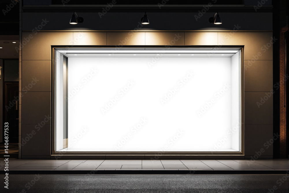 Poster blank illuminated storefront display mockup at night.