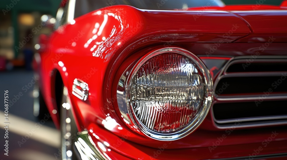Poster close view of retro red car headlight with polished chrome and deep red paint