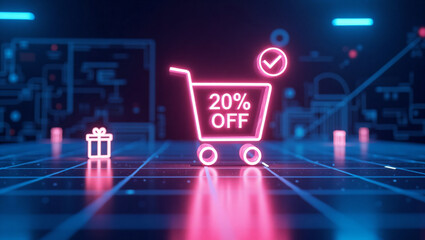 Fototapeta premium Neon Shopping Cart with 20% Discount – Futuristic Digital Sale Promotion with Gift Box Icon