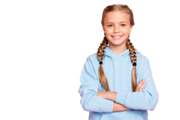 Photo of cheerful positive confident girl of good mood standing confidently with arms crossed showing her intelligence near empty space isolated over pink pastel color background