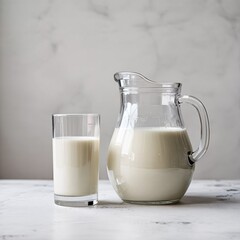 A minimalistic composition features a clear glass pitcher and tall glass filled with fresh white milk, showcasing the creamy texture of the milk.