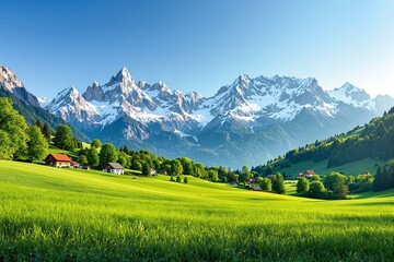 Stunning landscape with green meadows, scattered houses, and towering snow-capped mountains under a clear blue sky.