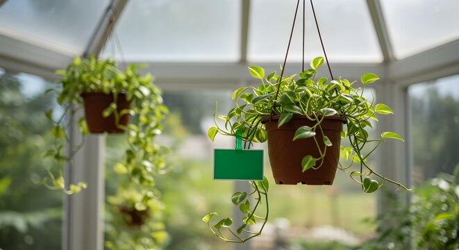 Indoor Hanging Pothos Plants in Pots with Natural Light and a Greenhouse Setting
