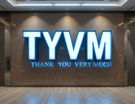Illuminated Tyvm Sign on Textured Wall with Wooden Floor in Modern Entryway