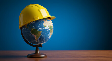 Globe with Yellow Hard Hat on Wooden Surface Against Blue Background  