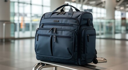 Stylish Dark Blue Backpack Sitting on Luggage Cart in Airport Terminal