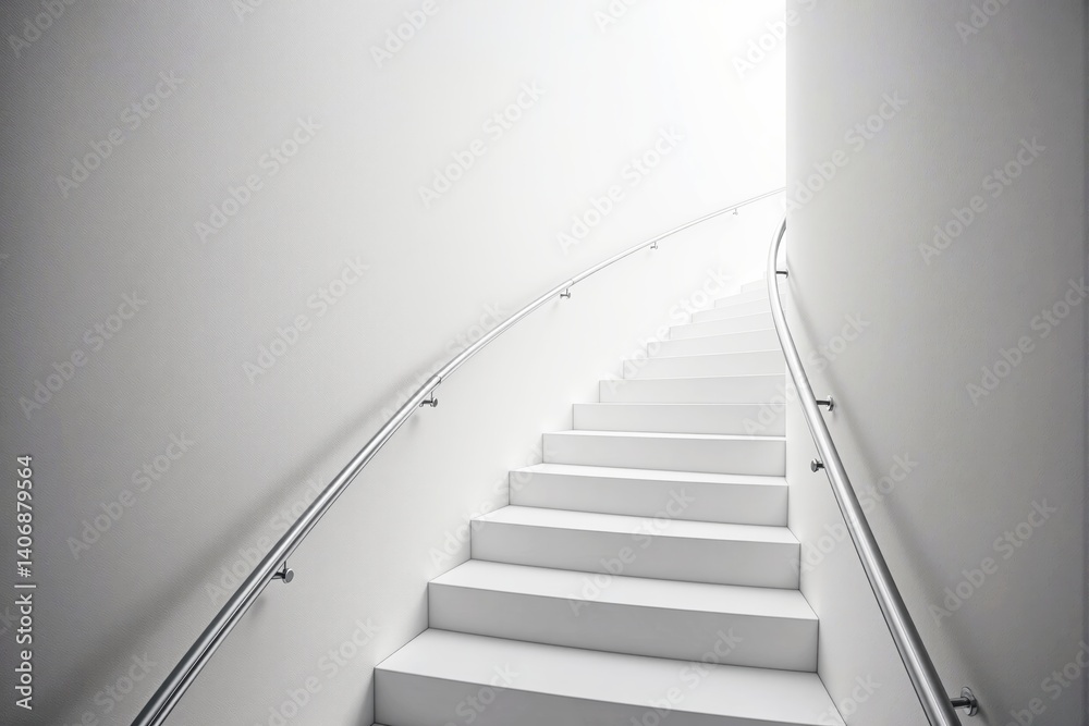 Poster minimalist white staircase with metal handrails in bright space.