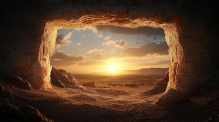 Sunset over tomb portal in Valley of the Kings, historical mystery and desert landscape