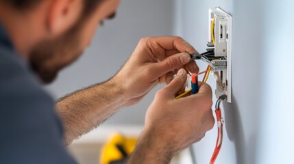 Electrician installing electrical outlets in a living room. Featuring home improvement tasks