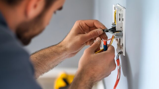 Electrician installing electrical outlets in a living room. Featuring home improvement tasks