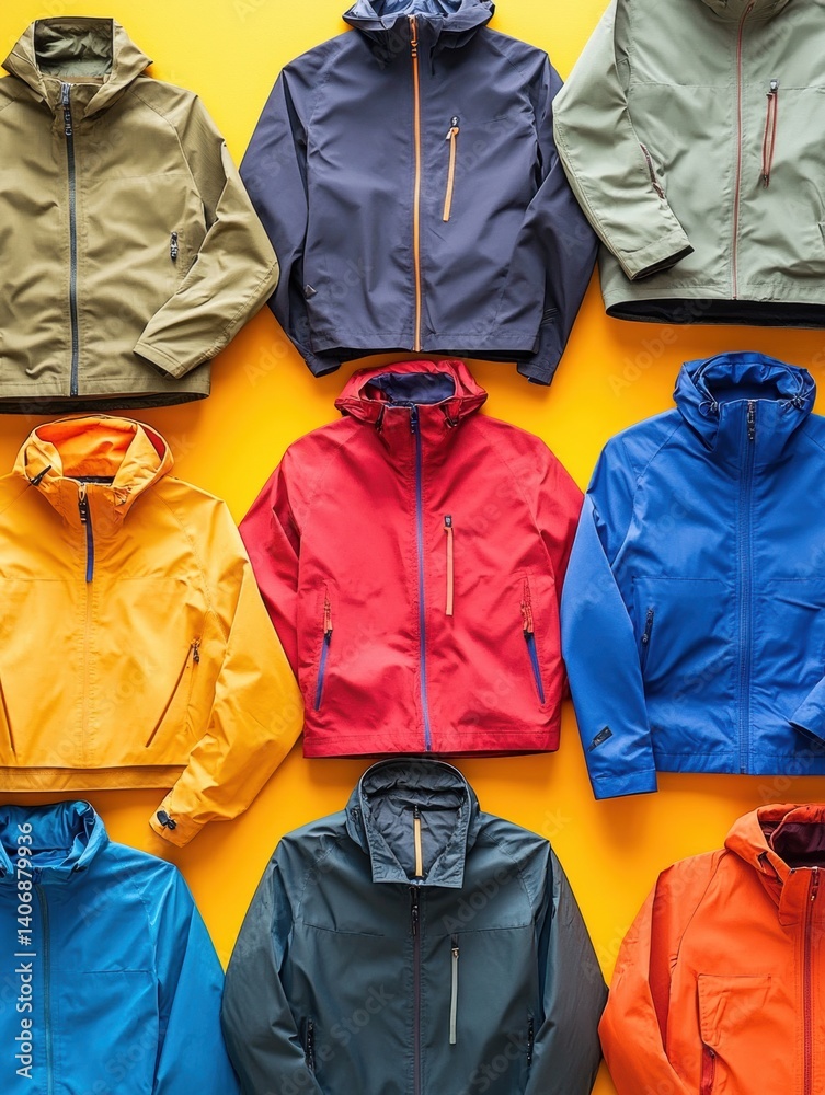 Aufkleber Colorful street jackets arranged in neat rows on a vibrant background showcasing modern design and textile textures
