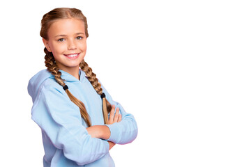 Photo of cheerful positive cute nice girl smiling toothily beaming with hands folded isolated near empty space over pink pastel color background