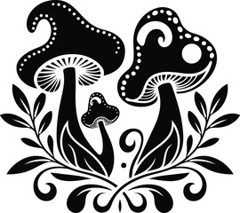 Folk Art Mushroom Silhouette Design| Hand Drawn Celestial Magic Mushroom| Mushroom Logo Design| Vector Illustration isolated on white background