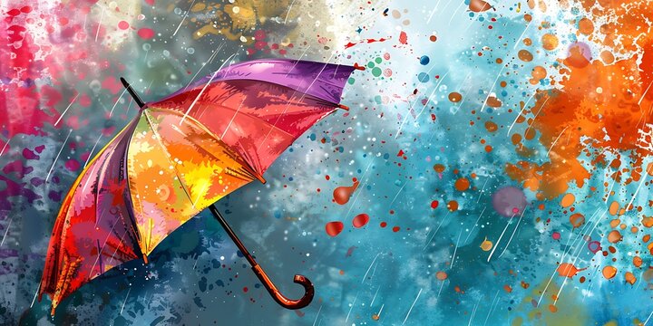 Color umbrella in sky . Mixed media 

