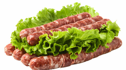 A close up shot of raw sausages arranged on a bed of fresh green lettuce on a white background