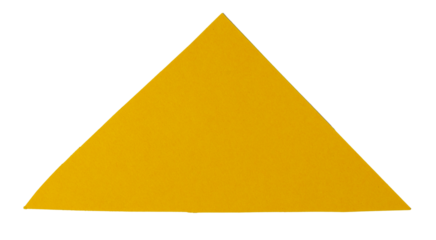 Isolated yellow triangle made of matte paper on white background