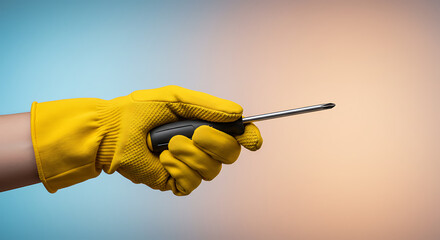 Hand in Yellow Gloves Holding Screwdriver Against Colorful Background  
