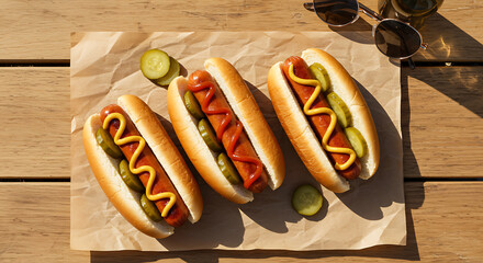 Delicious Hot Dogs with Condiments on Brown Paper  