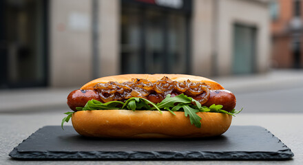Gourmet hot dog with onions and greens on a slate background  