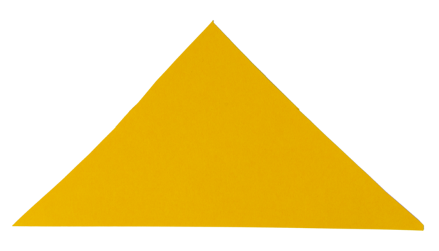 Isolated yellow triangle made of matte paper on white background