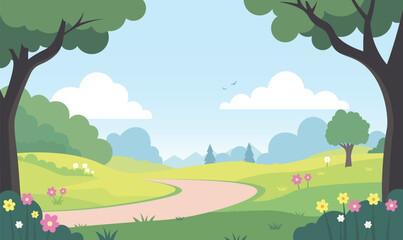 Obraz premium Road in the Park Garden Nature Landscape with Flowers Plant Tree in Summer