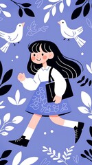 Girl Walking, Floral, Background