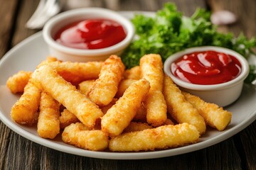 Crispy, golden-brown, snack sticks with ketchup