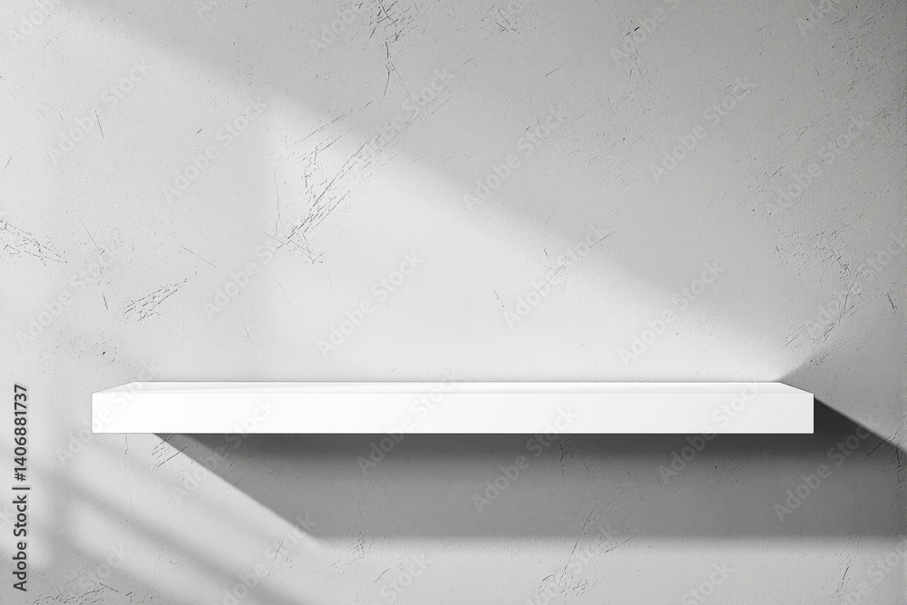 Poster White floating shelf on textured wall with light and shadows.
