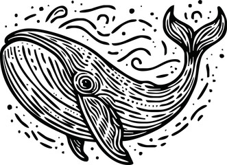 Humpback whale, line art isolated on white background. Minimal abstract whale linear sketch drawing.