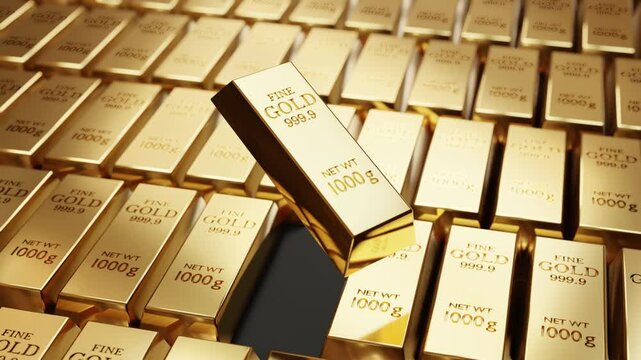 3D animation of a gold bar rising smoothly among other stacked gold bars, representing wealth, investment, and financial growth.