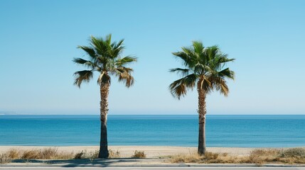 Azure Ocean Framed by Swaying Palm Trees, Tropical Paradise View with Blue Waters, Warm Breeze, and Coastal Calm