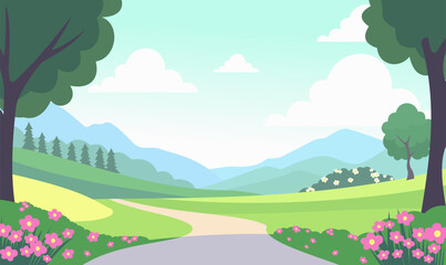 Obraz premium Road in the Park Garden Nature Landscape with Flowers Plant Tree in Summer