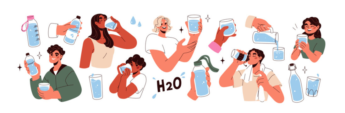 People drinking clear fresh water. Healthy hydration with clean aqua fluid. Characters with bottles, glasses, jug. Thirsty men, women hydrating. Flat vector illustration isolated on white background