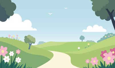 Obraz premium Road in the Park Garden Nature Landscape with Flowers Plant Tree in Summer