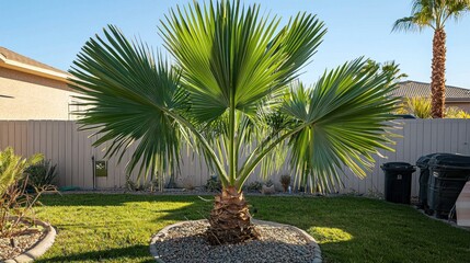 A vibrant fan palm in a landscaped backyard