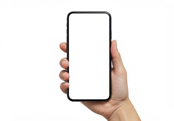 A hand holding a black smartphone with a blank white screen on an isolated white background view