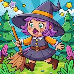 A clumsy cartoon witch trips over her broomstick in a whimsical, magical forest setting