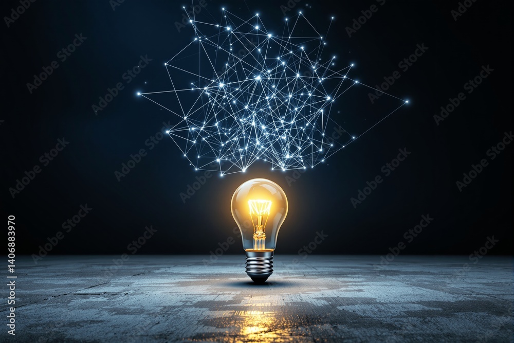 Poster glowing light bulb with a creative digital network on dark background.